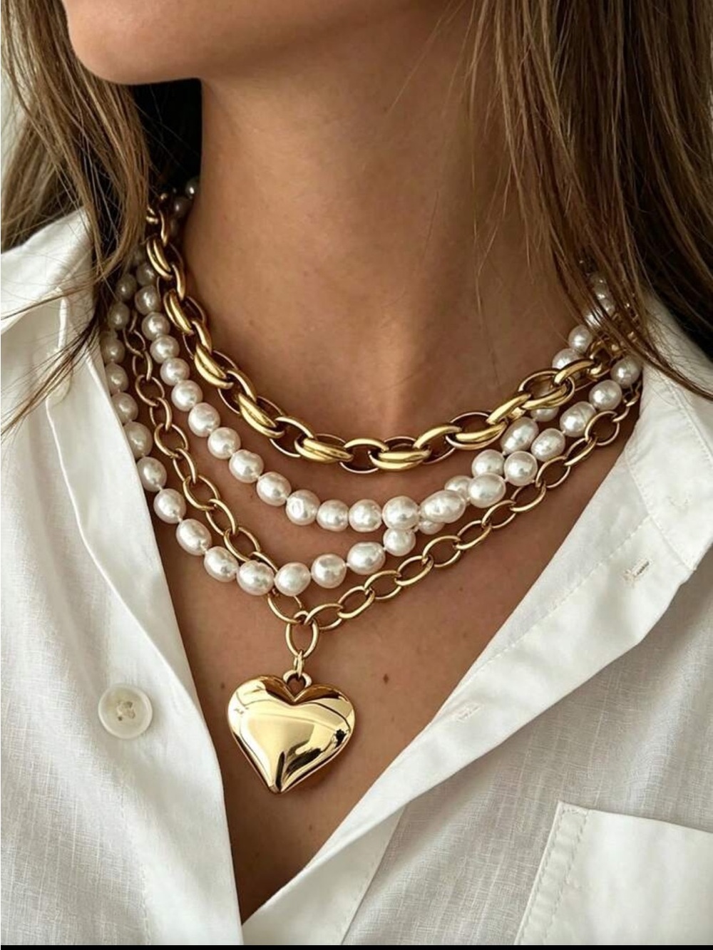 Layered Gold and White Pearl Heart Pendant Necklace
